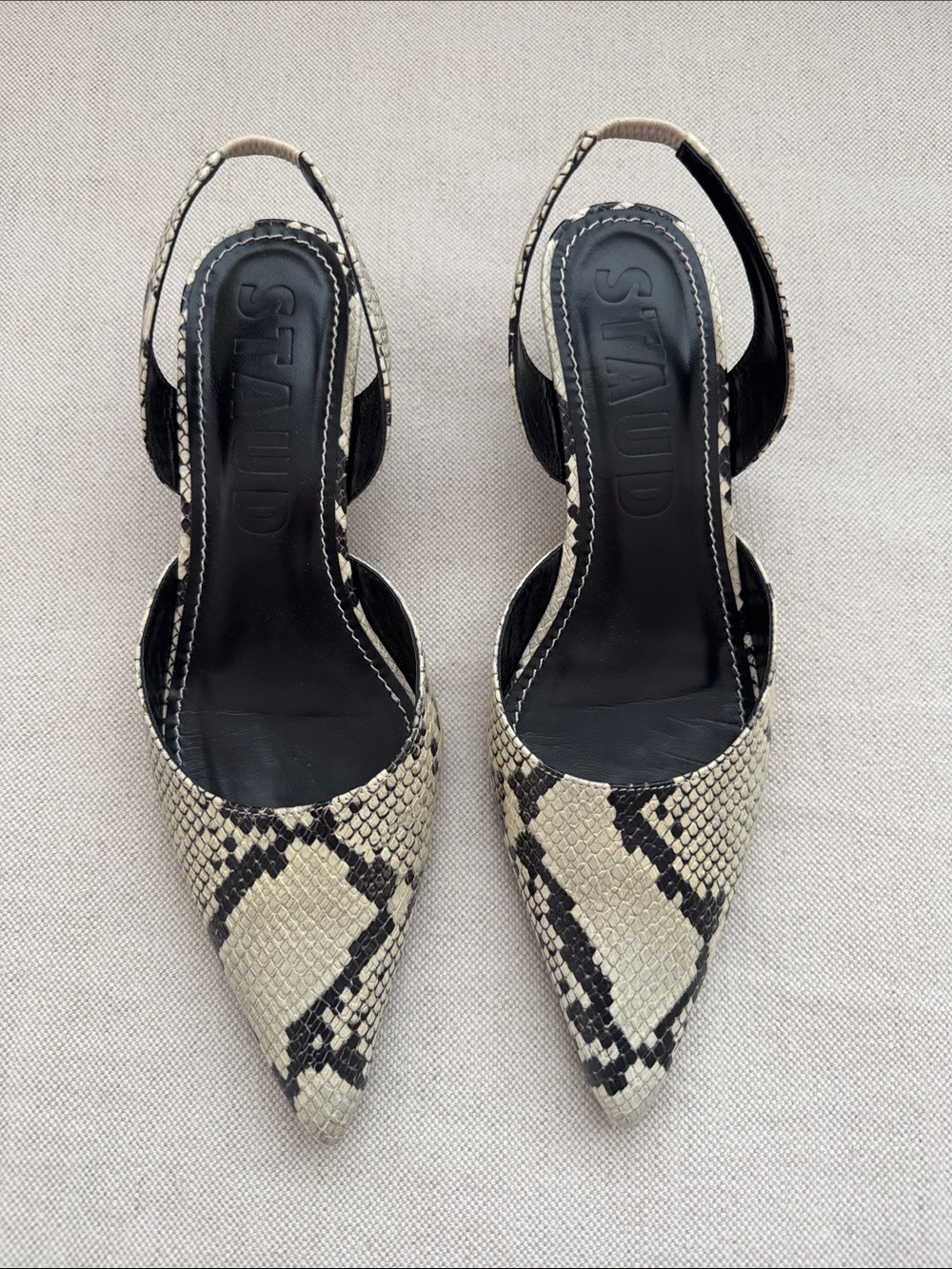STAUD Black and Beige Snake-Print Pointed Slingback Pumps -worn 1x